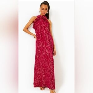 Lilly Pulitzer Florian Silk Maxi Dress in Malbec Red Fish Clip Chiffon -…NWT